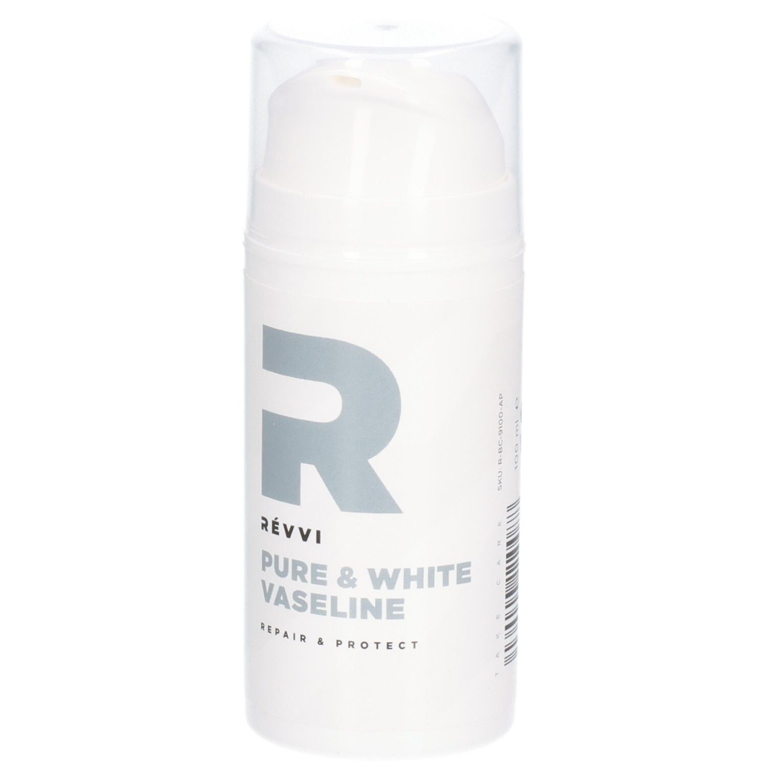 RÉVVI Pure & White Vaseline. Witte fles met pomp. Grijze tekst en grote 'R'.