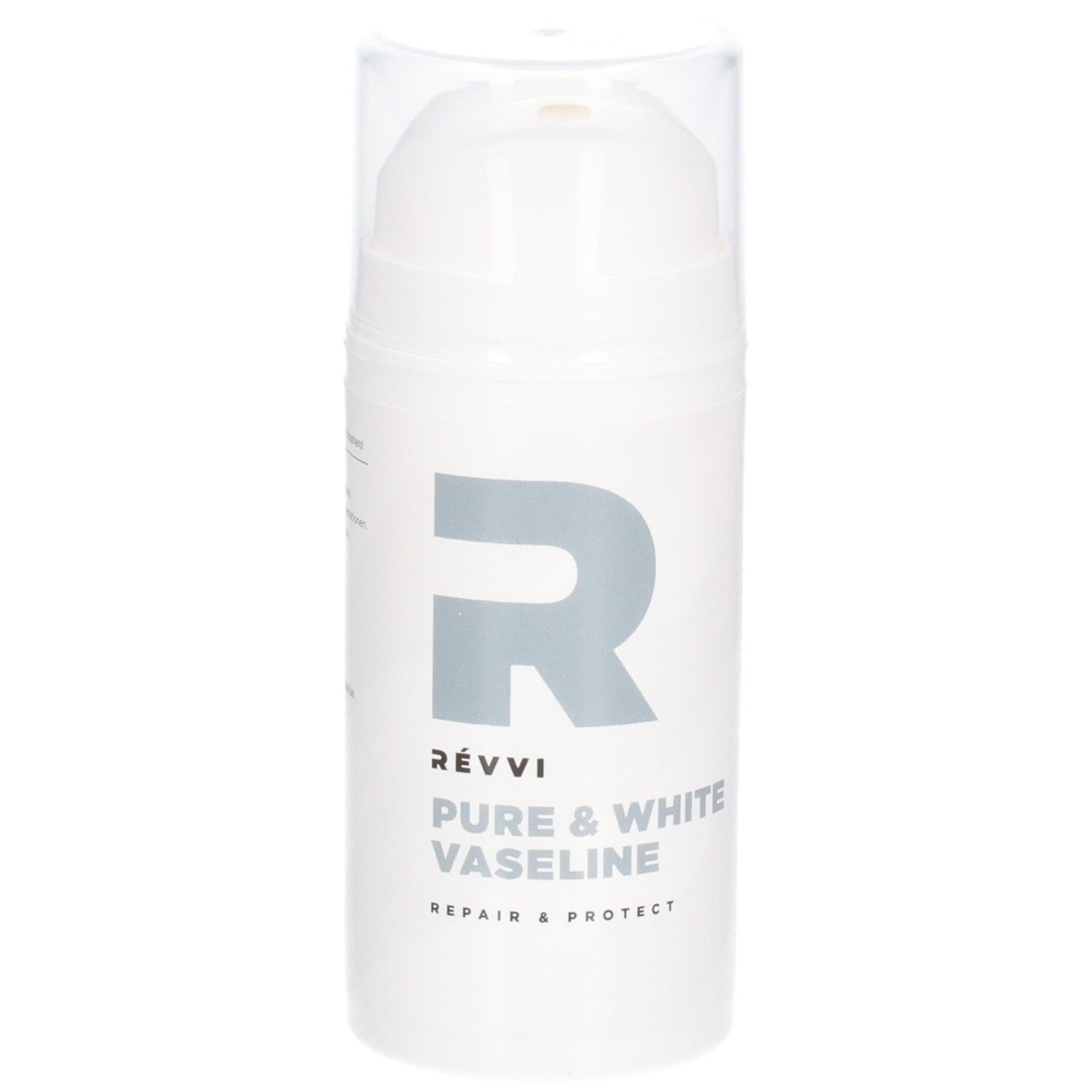 RÉVVI Pure & White Vaseline. Witte fles met pomp. Grijze tekst en grote 'R'.