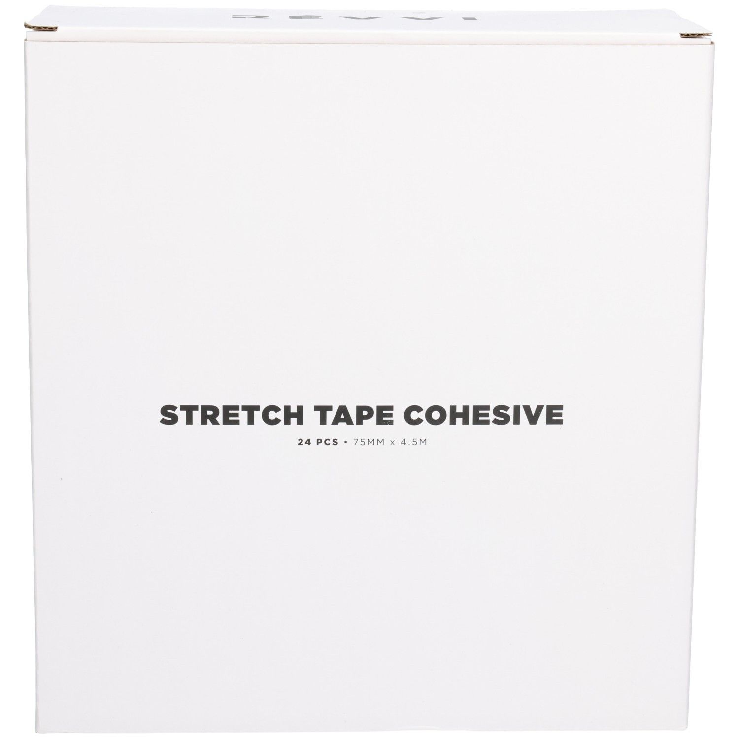 Witte doos met opschrift STRETCH TAPE COHESIVE. Bevat 24 stuks, 75 mm x 4,5 m. Productverpakking.