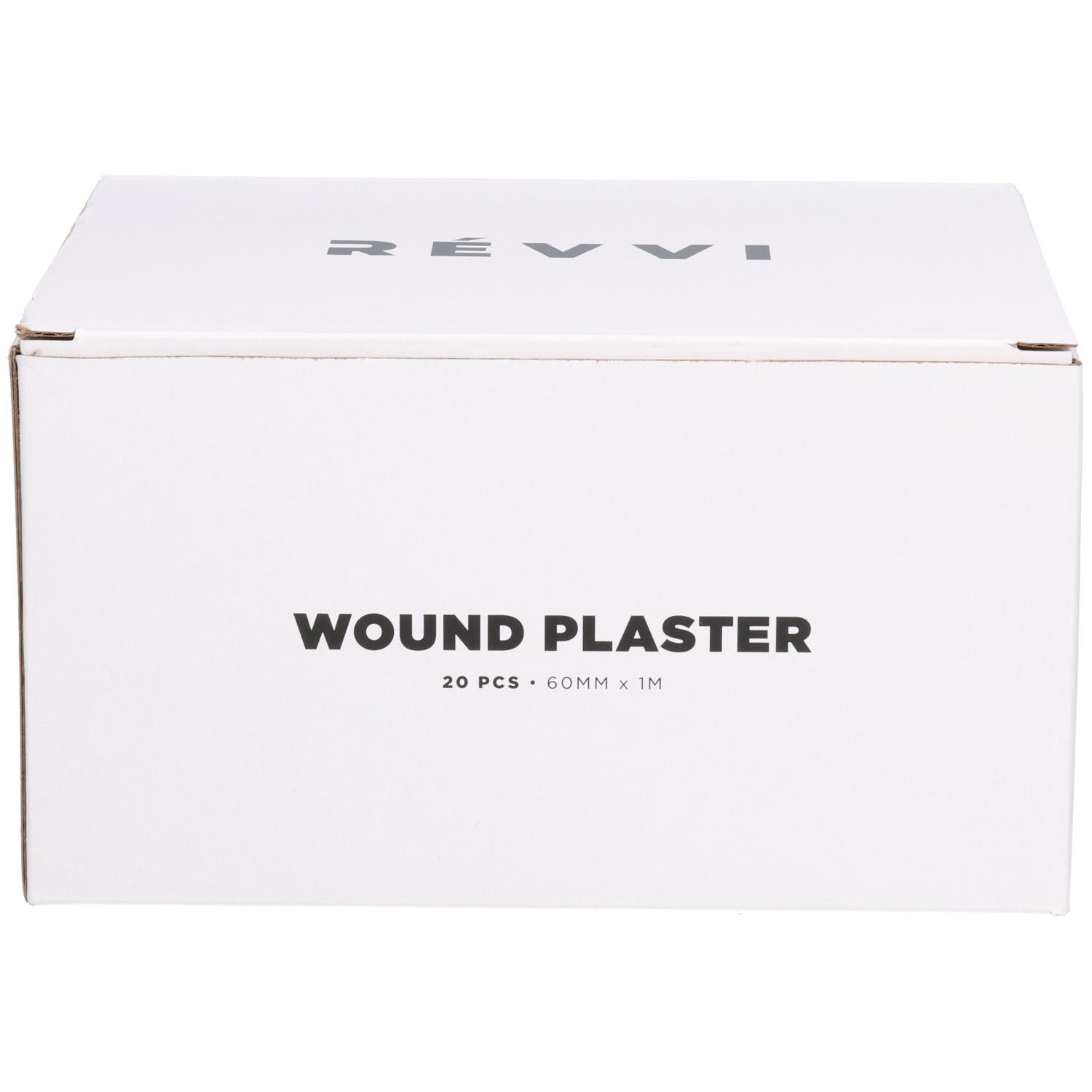 Witte doos met opschrift WOUND PLASTER, 20 stuks, 60mm x 1M. Boven staat RÉVVI.