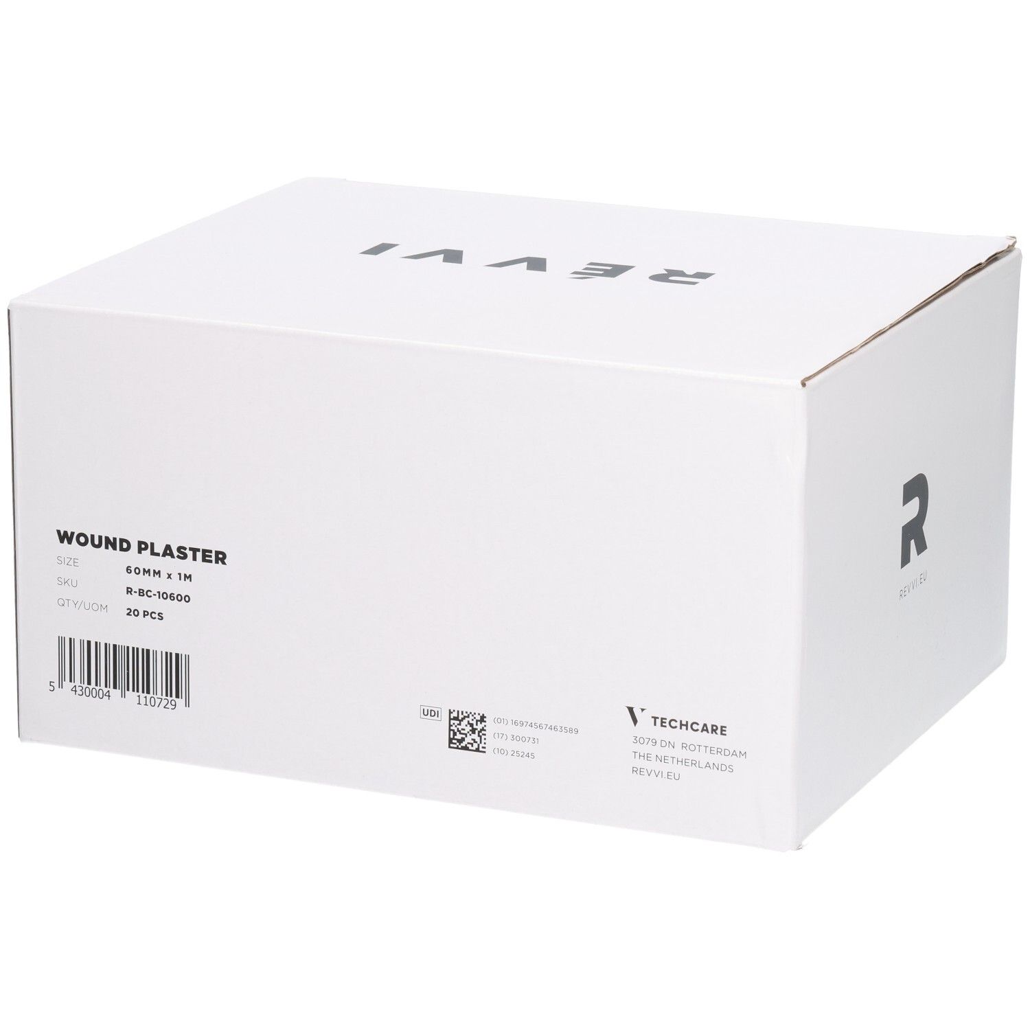 Witte doos met opschrift WOUND PLASTER, 20 stuks, 60mm x 1M. Op de zijkant: Techcare, RÉVVI EU.