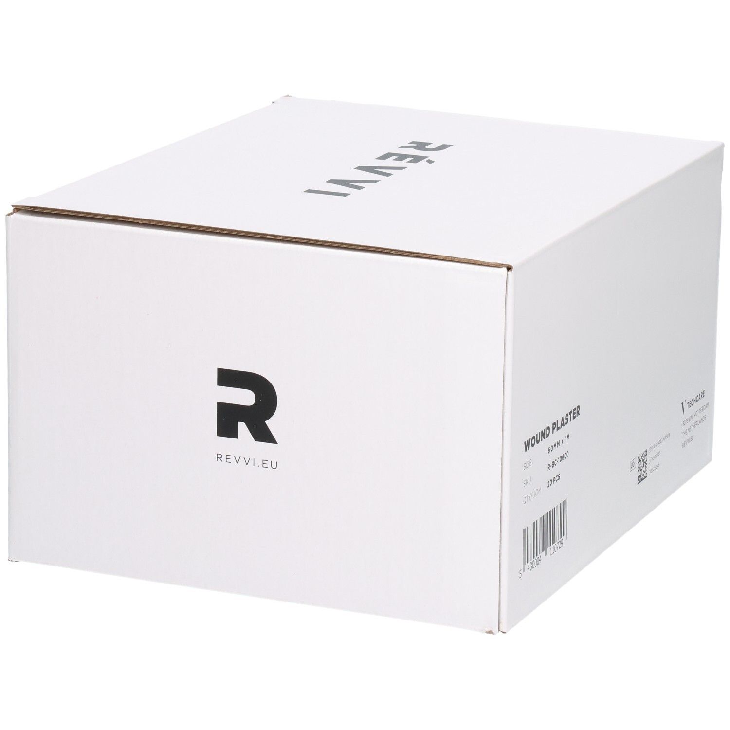 Witte doos met opschrift WOUND PLASTER, 20 stuks, 60mm x 1M. Op de zijkant: RÉVVI EU.