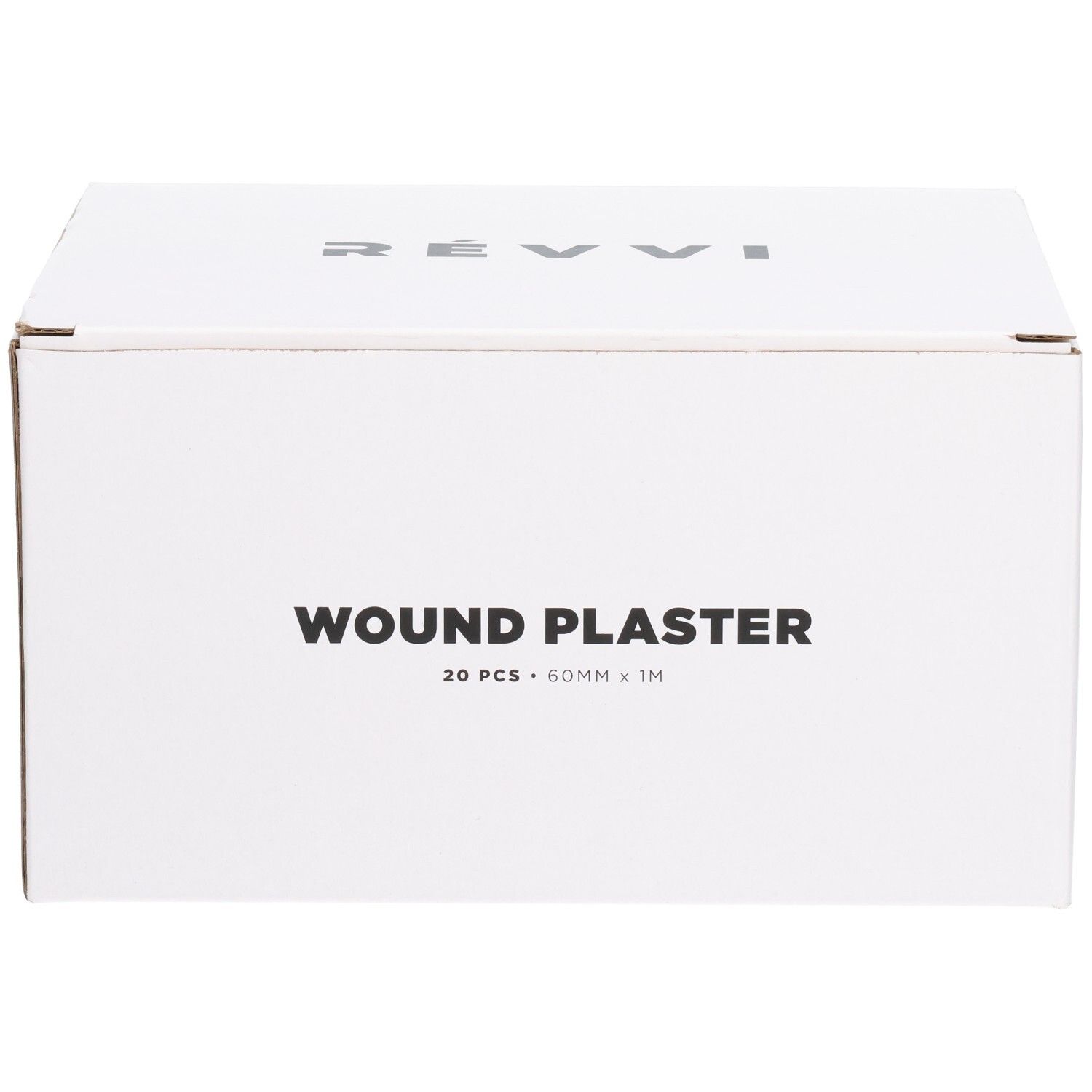 Witte doos met opschrift WOUND PLASTER, 20 stuks, 60mm x 1M. Boven staat RÉVVI.