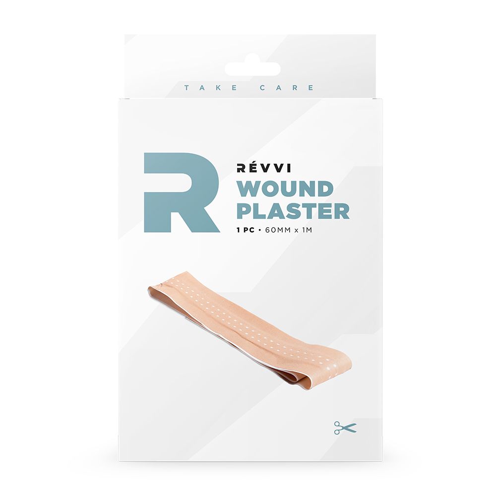 Verpakking met pleister. RÉVVI, WOUND PLASTER, 1 stuk, 60mm x 1M. Pleisterstrip zichtbaar.