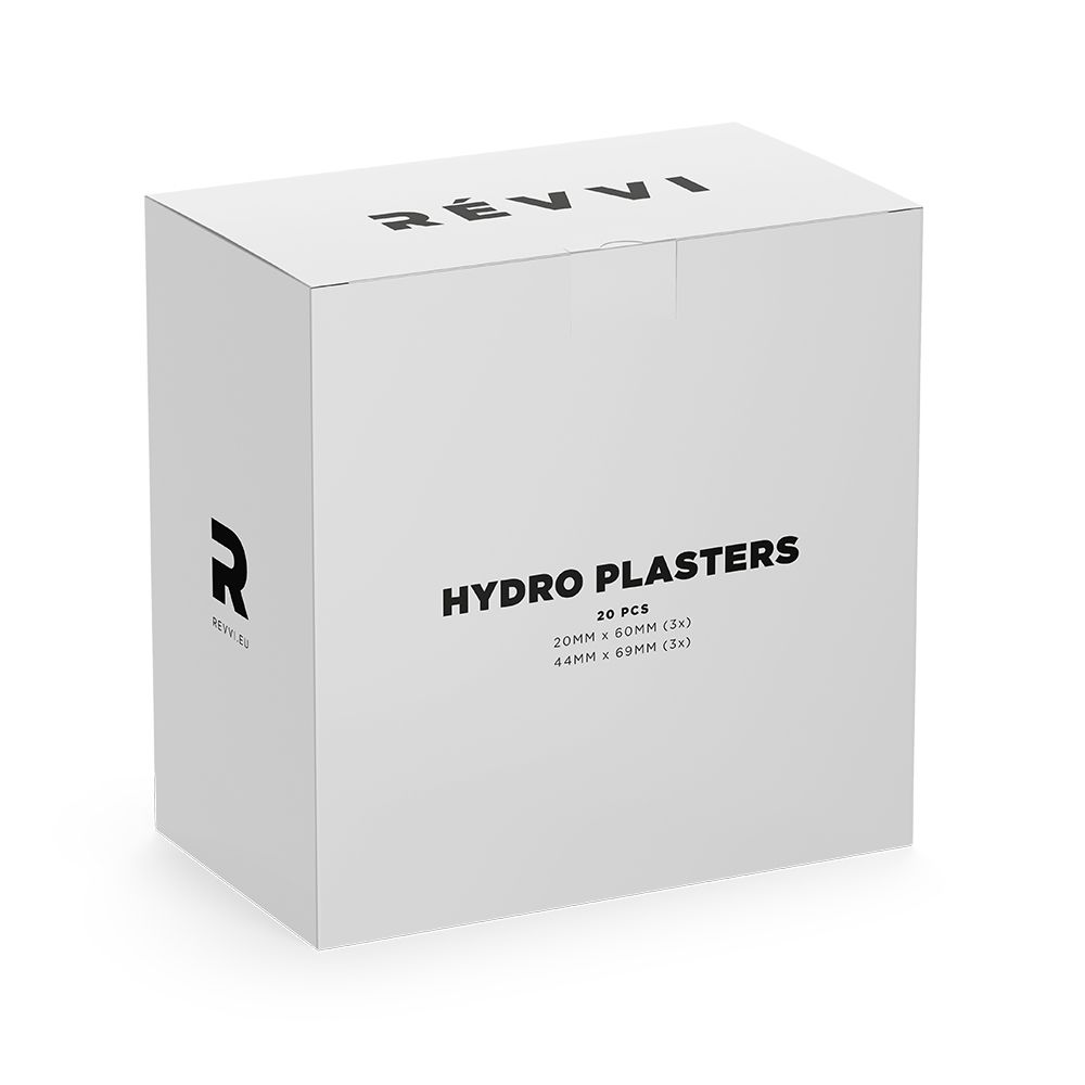 Witte doos met REVVI-logo en opschrift HYDRO PLASTERS, 20 stuks. Maten: 20mm x 60mm (3x), 44mm x 69mm (3x).