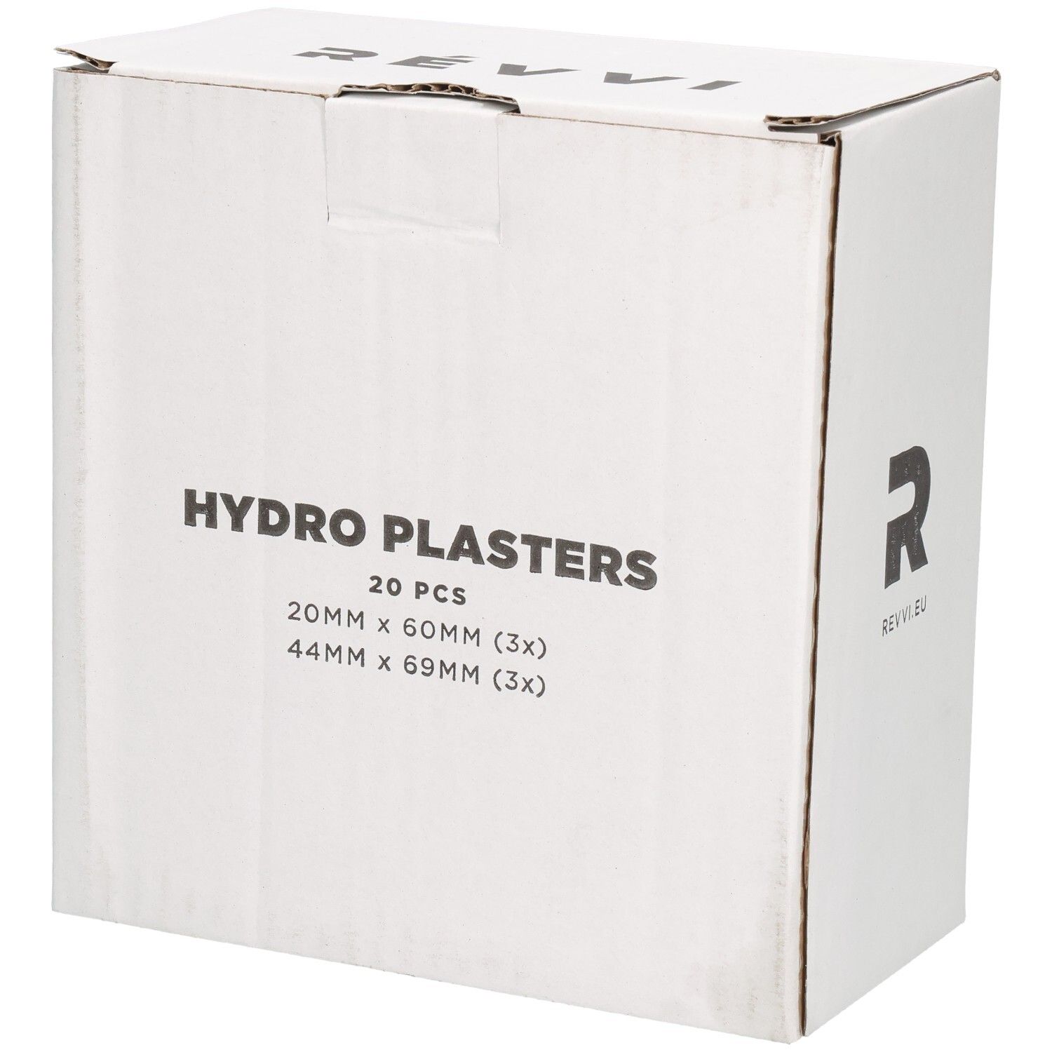 Witte doos met opschrift HYDRO PLASTERS, 20 stuks. Maten: 20mm x 60mm (3x), 44mm x 69mm (3x). Logo en merk REVVI.