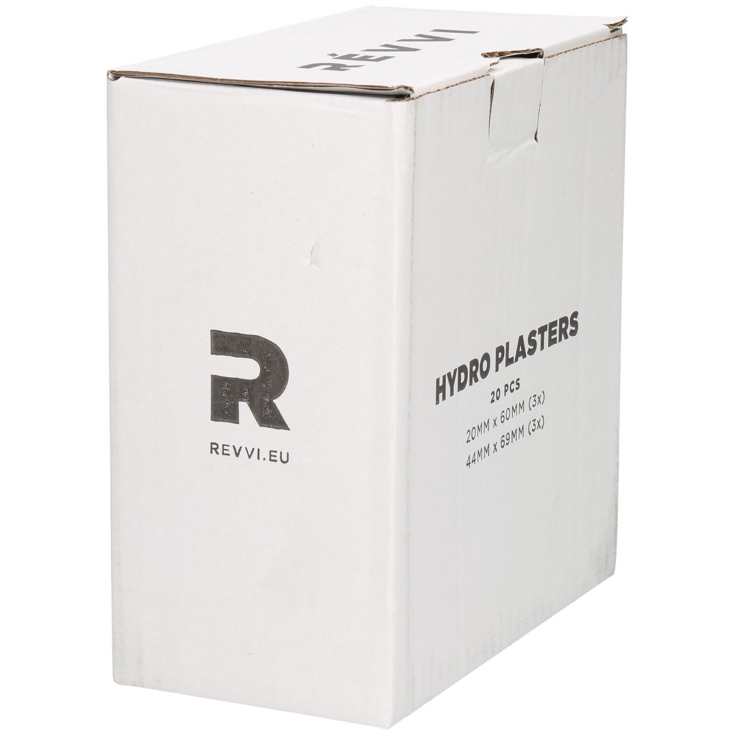 Witte doos met logo en merk REVVI. Opschrift HYDRO PLASTERS, 20 stuks. Maten: 20mm x 60mm (3x), 44mm x 69mm (3x).