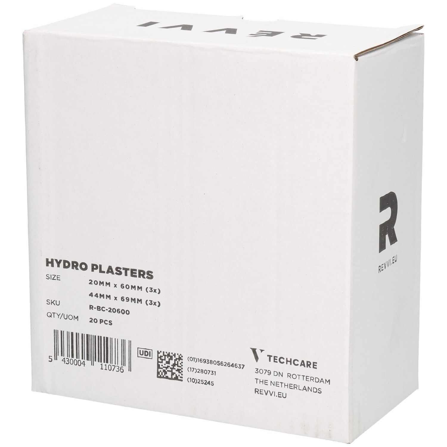 Witte doos met opschrift HYDRO PLASTERS, 20 stuks. Maten: 20mm x 60mm (3x), 44mm x 69mm (3x). Logo en merk REVVI.