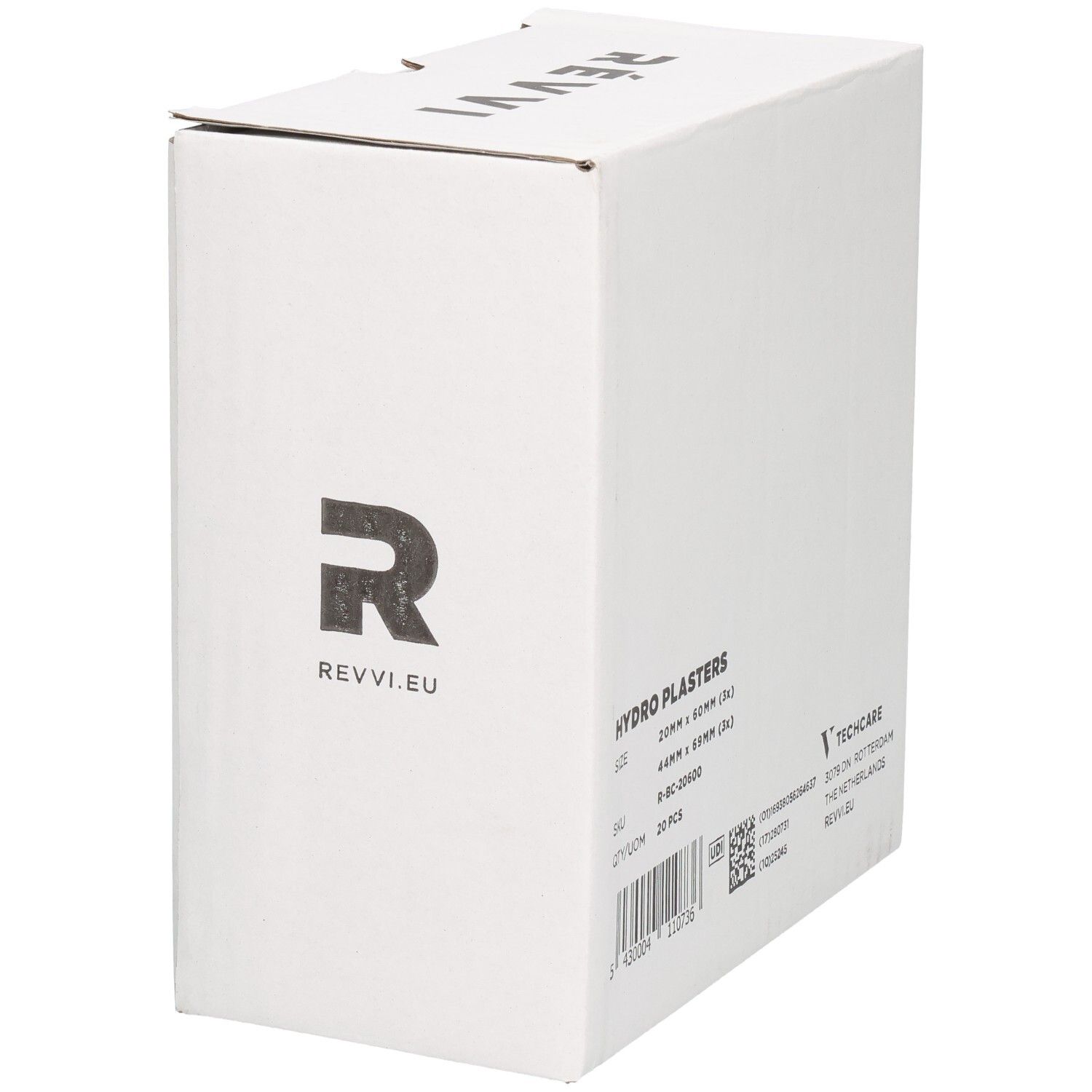Witte doos met logo en merk REVVI. Opschrift HYDRO PLASTERS, 20 stuks. Maten: 20mm x 60mm (3x), 44mm x 69mm (3x).