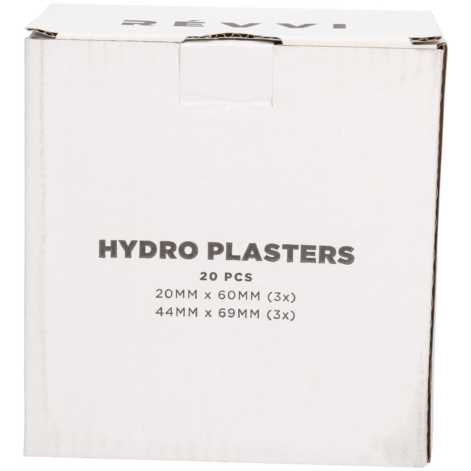 Witte doos met opschrift HYDRO PLASTERS, 20 stuks. Maten: 20mm x 60mm (3x), 44mm x 69mm (3x).