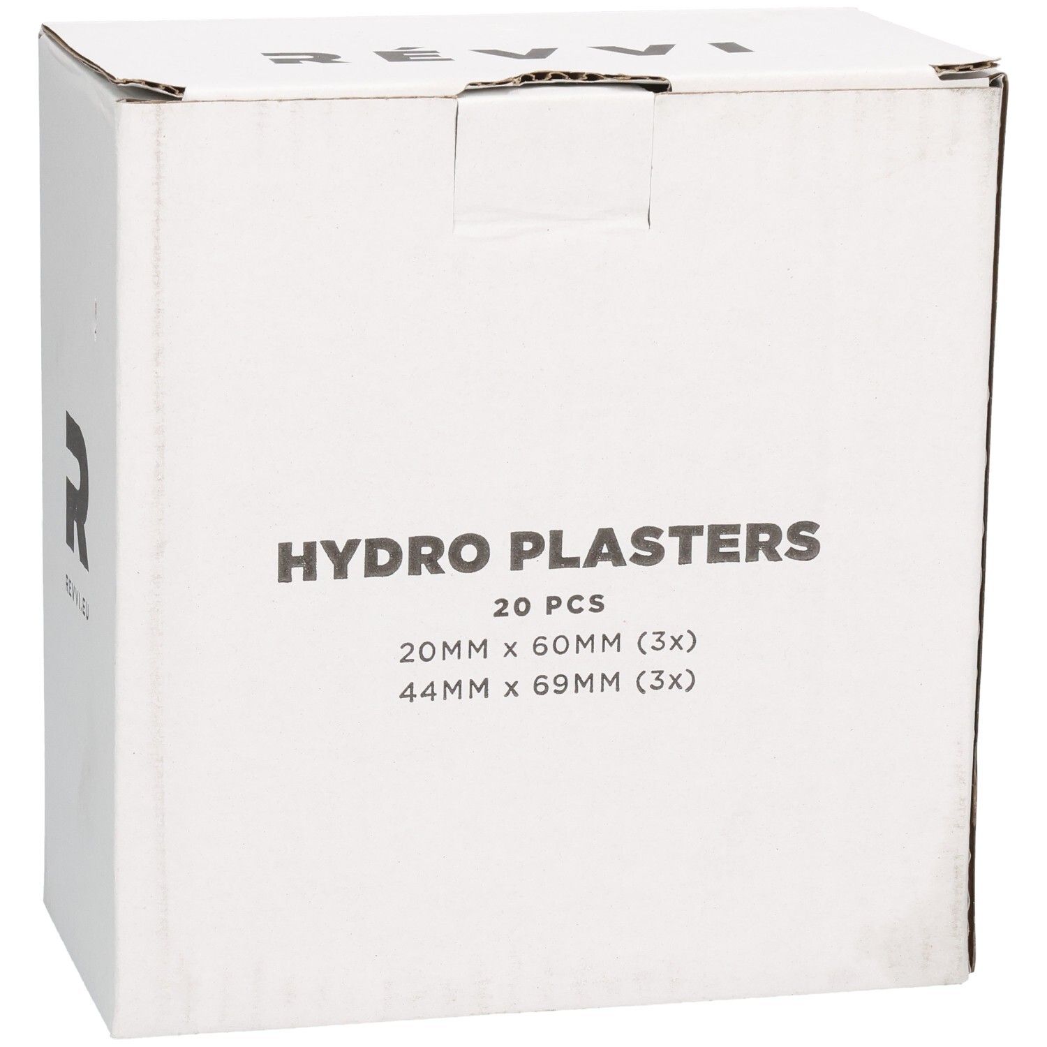 Witte doos met opschrift HYDRO PLASTERS, 20 stuks. Maten: 20mm x 60mm (3x), 44mm x 69mm (3x).