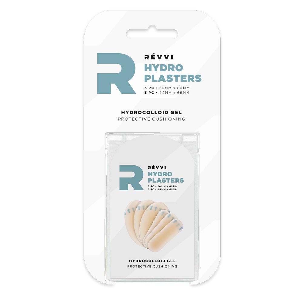 Blisterverpakking met HYDRO PLASTERS. Bevat pleisters en HYDROCOLLOID GEL. Merk REVVI.