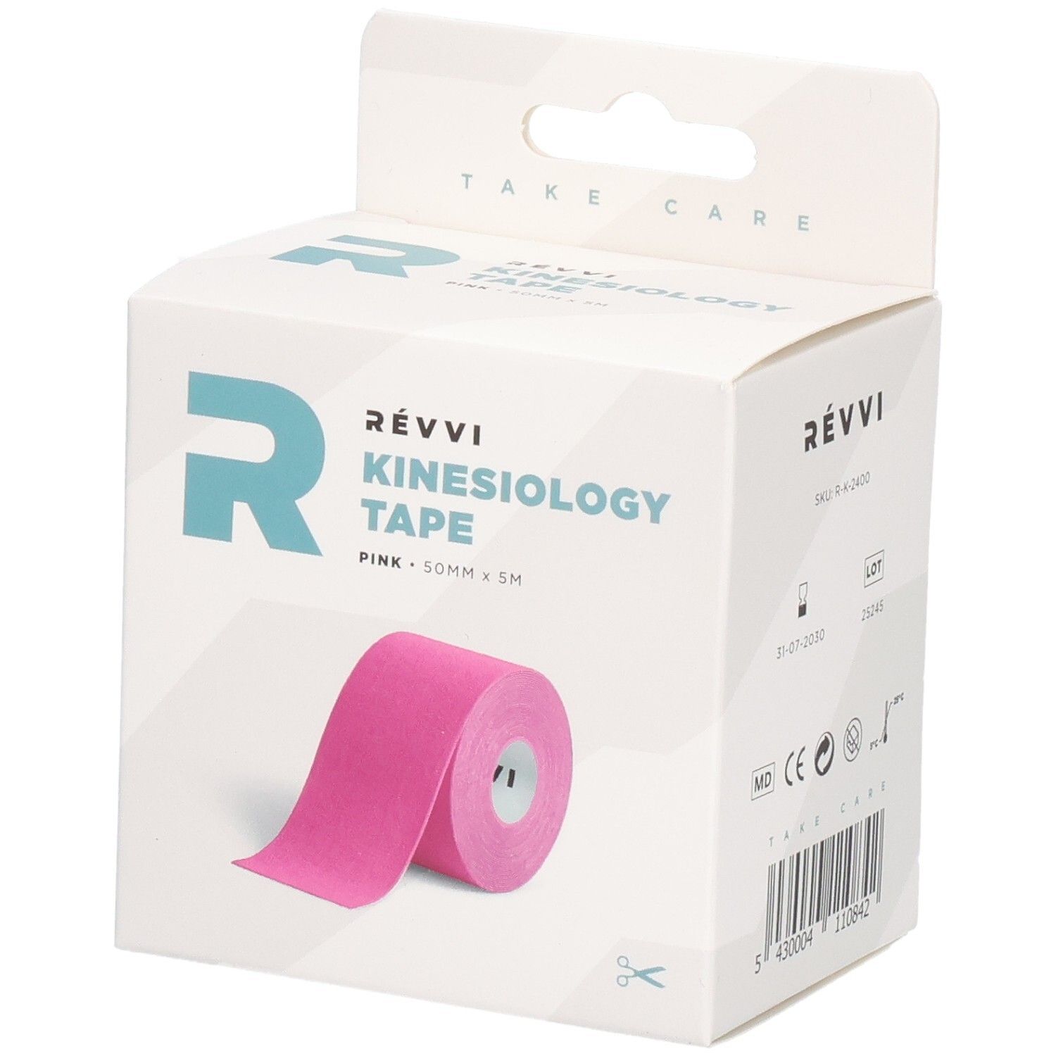 RÉVVI Kinesiologietape Roze, roze. Rol in witte verpakking. 50mm x 5m. Schaar-symbool.