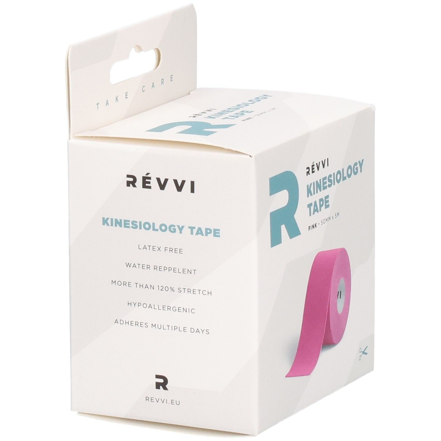 RÉVVI Kinesiologietape Roze, roze. Verpakking met kenmerken: latexvrij, waterafstotend, meer dan 120% rekbaar.