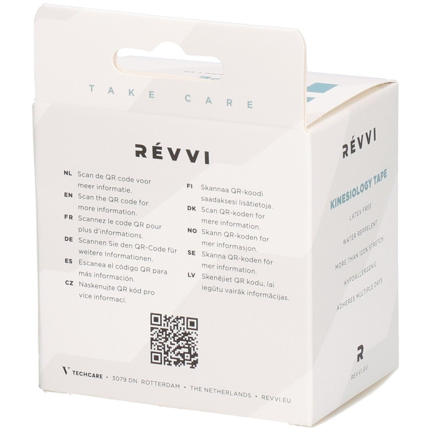 RÉVVI Kinesiologietape Roze, achterkant verpakking. QR-code voor meer informatie. Meertalige instructies.