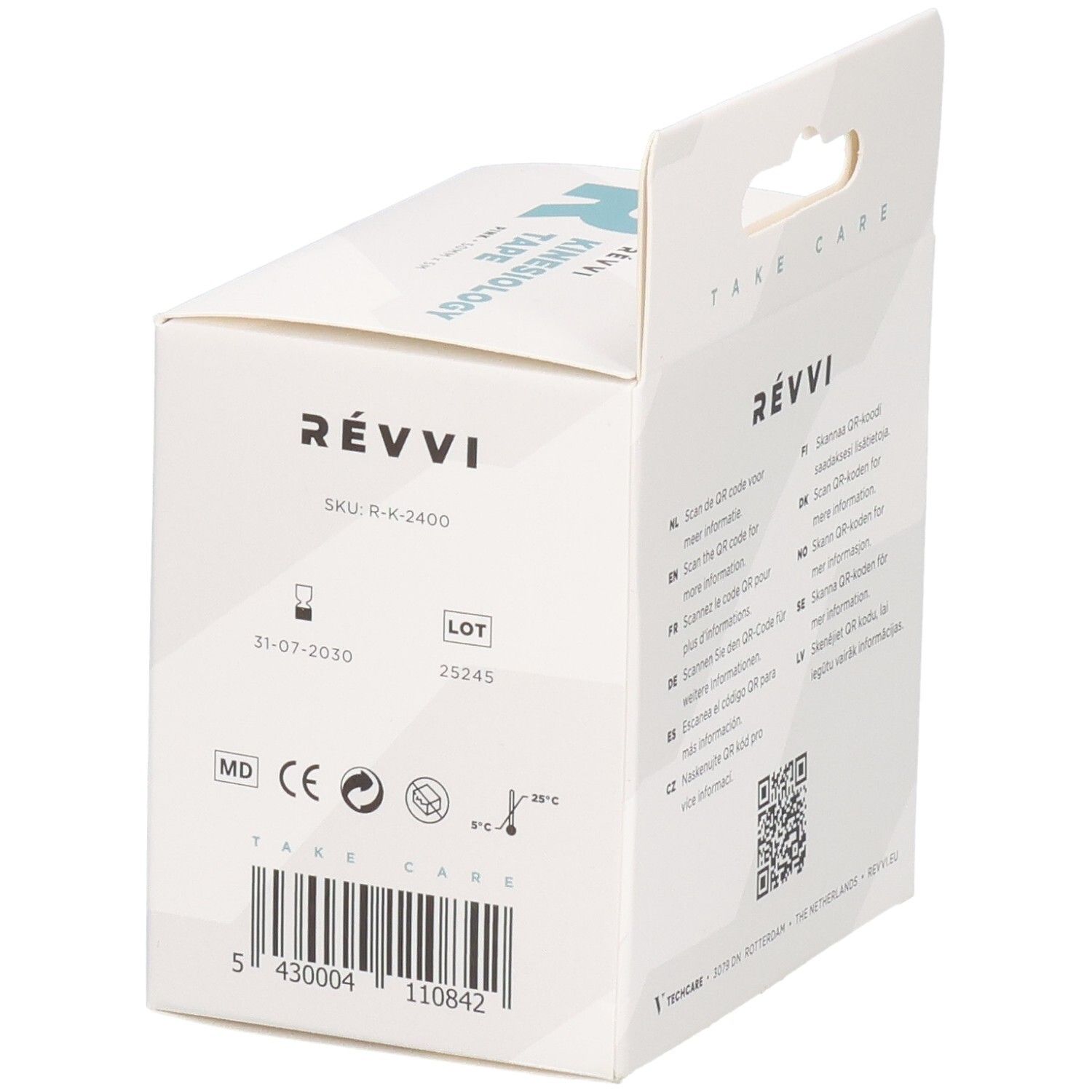 RÉVVI Kinesiologietape Roze, achterkant verpakking. SKU, lotnummer, houdbaarheidsdatum, CE-markering.