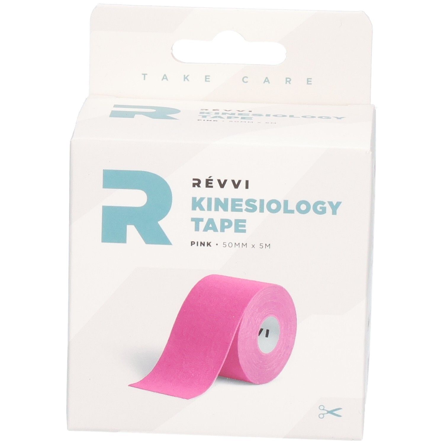 RÉVVI Kinesiologietape Roze, roze. Rol in witte verpakking. 50mm x 5m. Schaar-symbool.