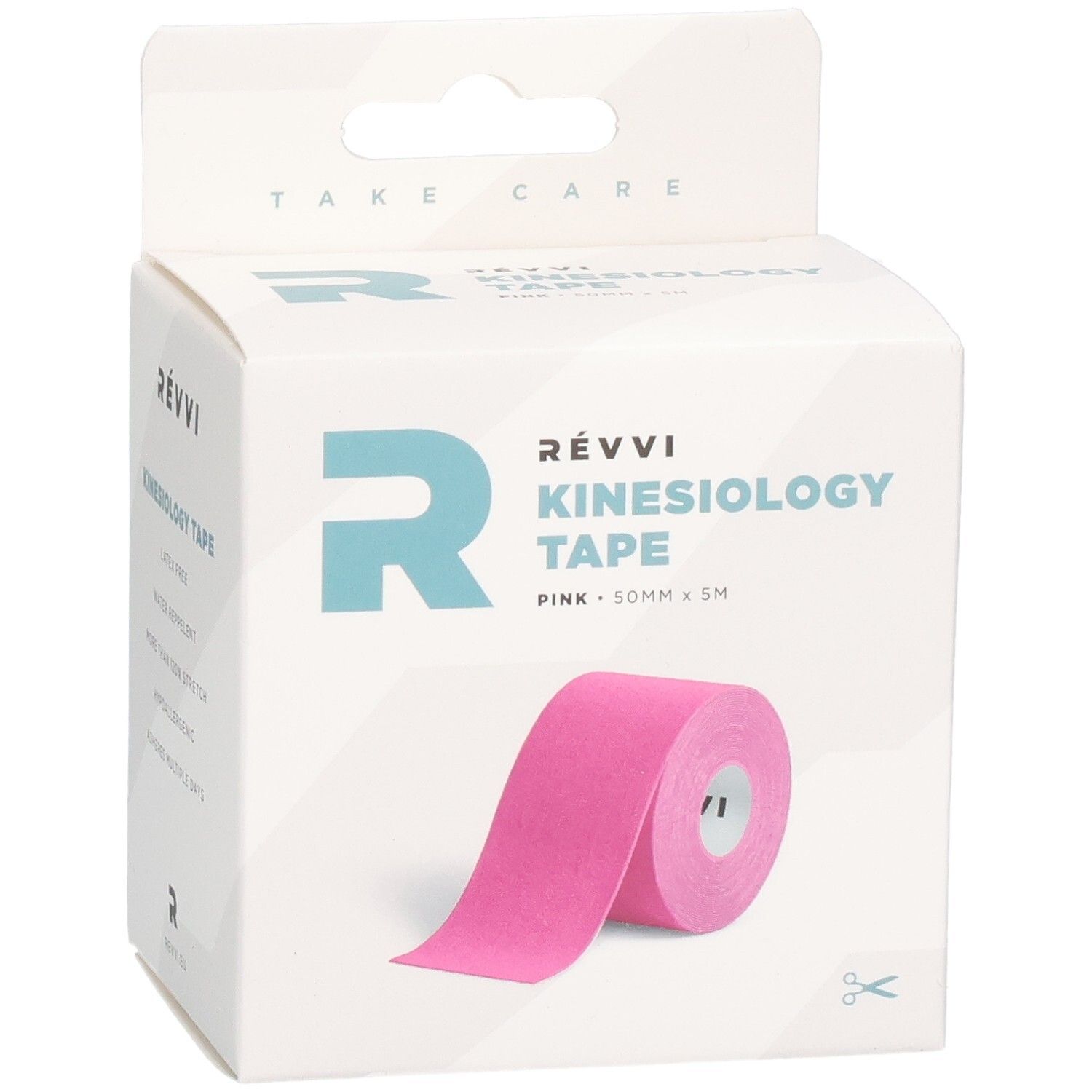 RÉVVI Kinesiologietape Roze, roze. Rol in witte verpakking. 50mm x 5m. Schaar-symbool.