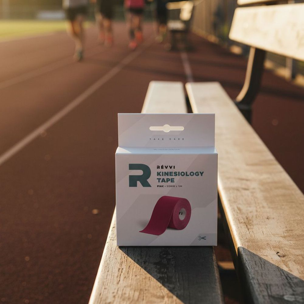 RÉVVI Kinesiologietape Roze, roze. Verpakking op een bank. Achtergrond: atletiekbaan en atleten.