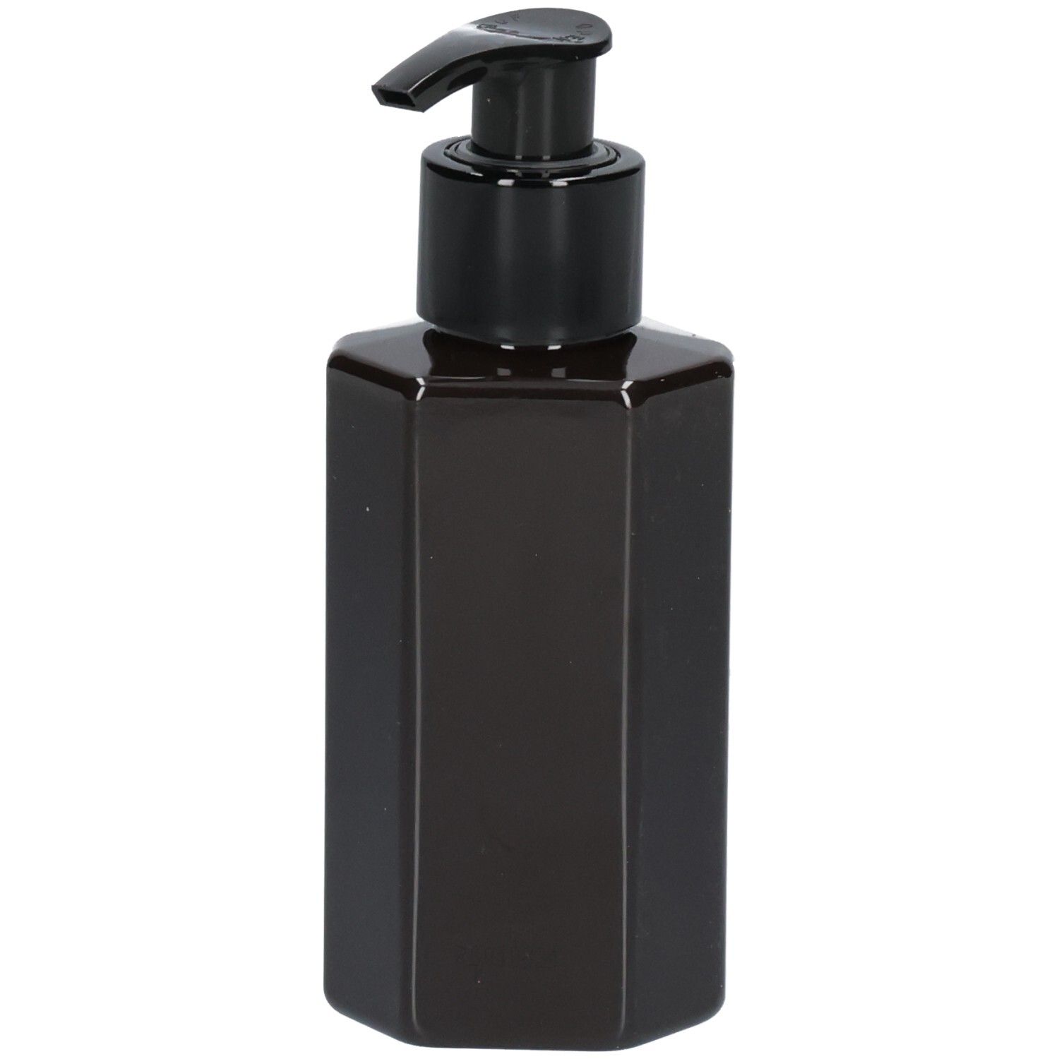 Bruine, zeshoekige lotionfles met zwarte pomp.