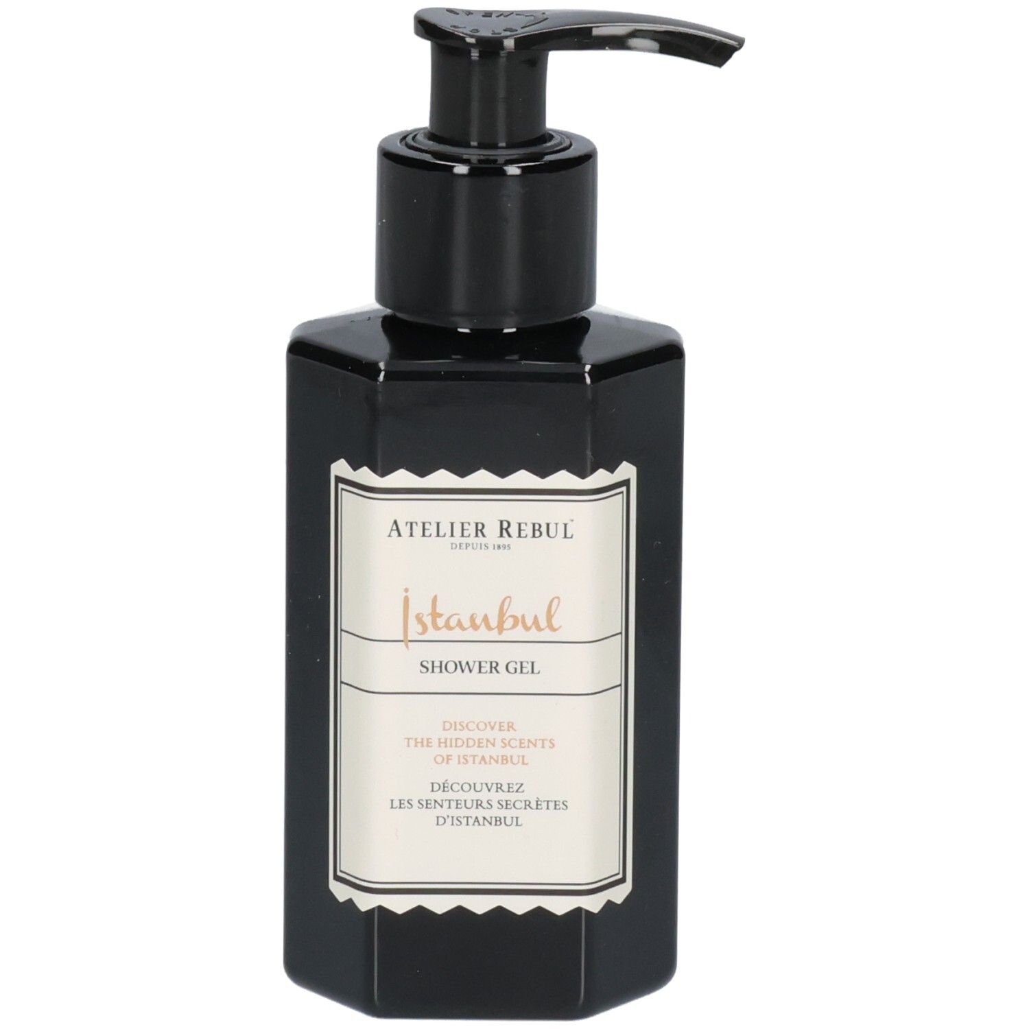 Flacon noir octogonal avec pompe noire. Étiquette avec nom du produit et texte.