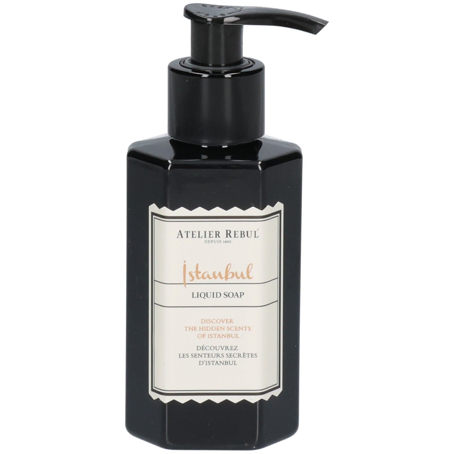 Zwarte zeepfles met pomp. Etiket met "Istanbul" en merknaam. Handzeep.