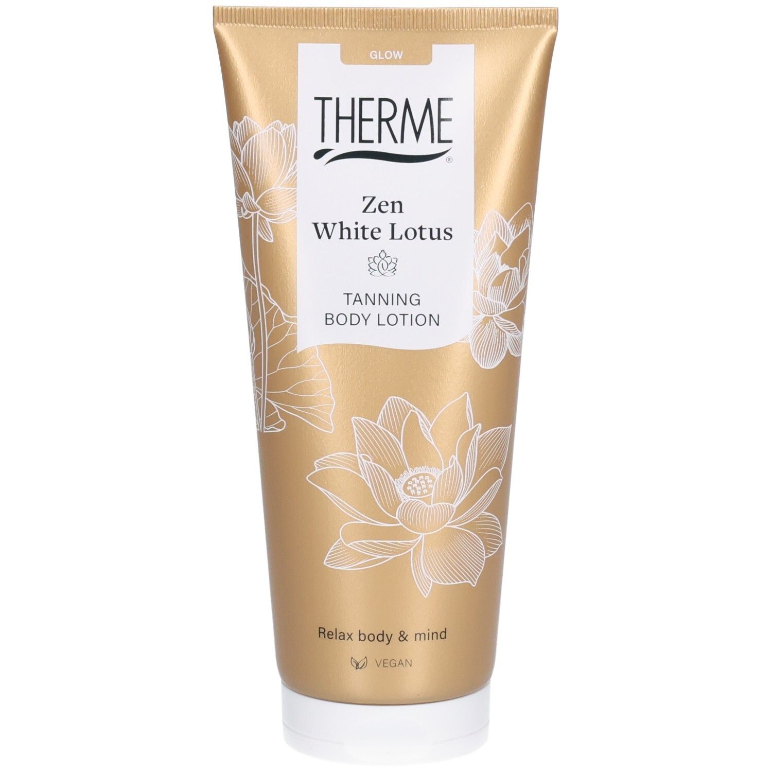 Gouden tube met THERME-logo en productnaam. Illustraties van witte lotusbloemen. Tekst: Tanning Body Lotion.