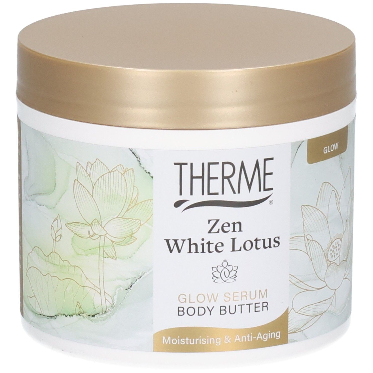 Pot blanc avec couvercle doré. Inscription : THERME, Zen White Lotus, Glow Serum Body Butter. Motif de fleur de lotus.