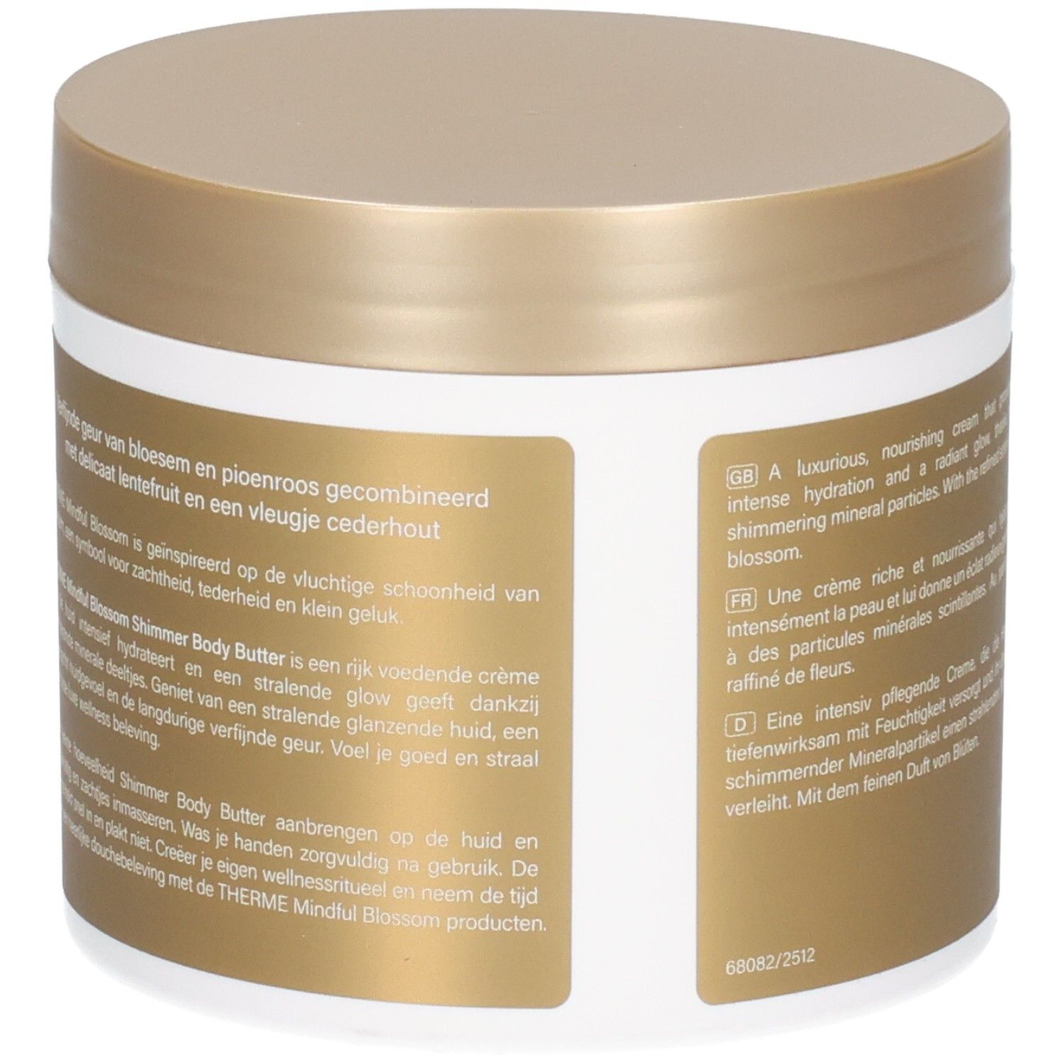 Pot rond avec couvercle doré. Dos avec texte multilingue. Design floral.
