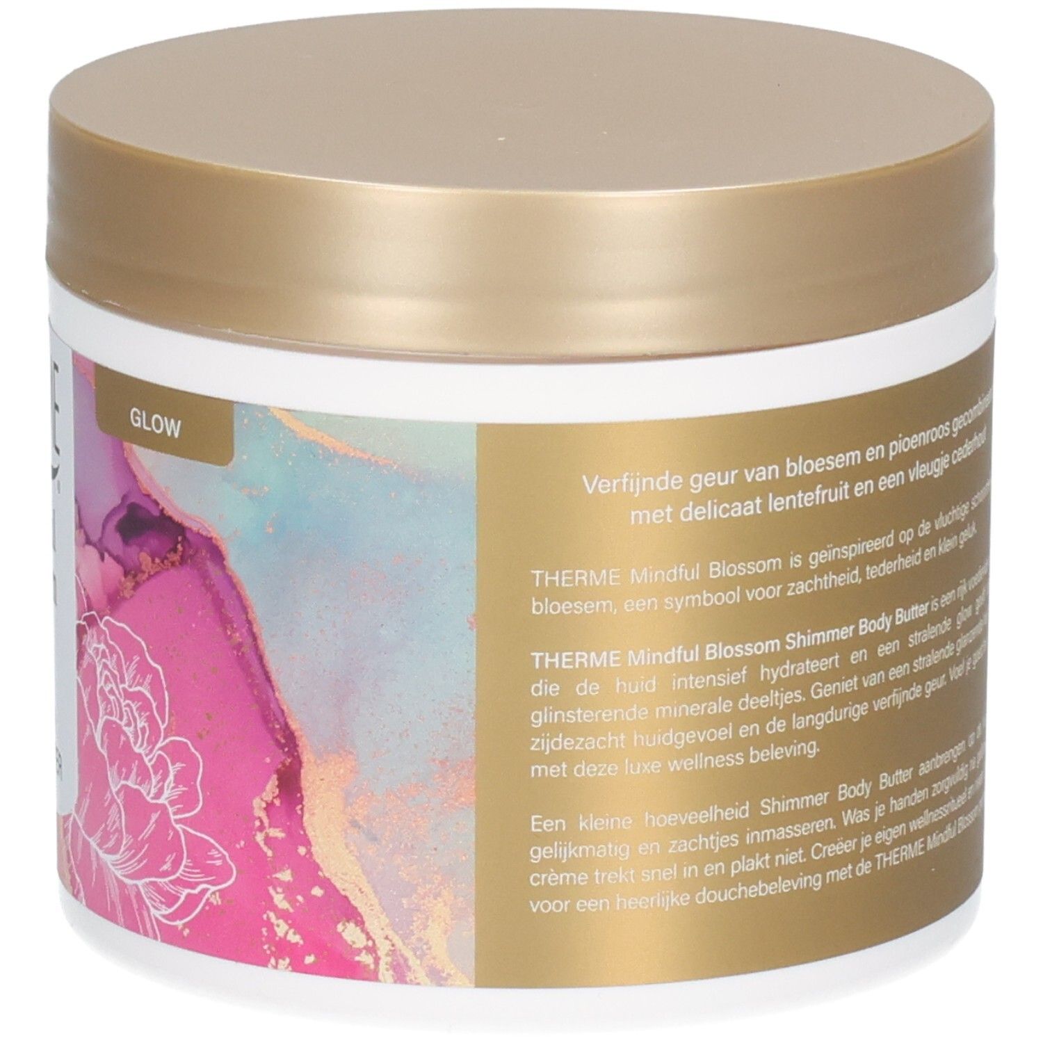 Pot rond avec couvercle doré. Dos avec texte multilingue. Design floral.
