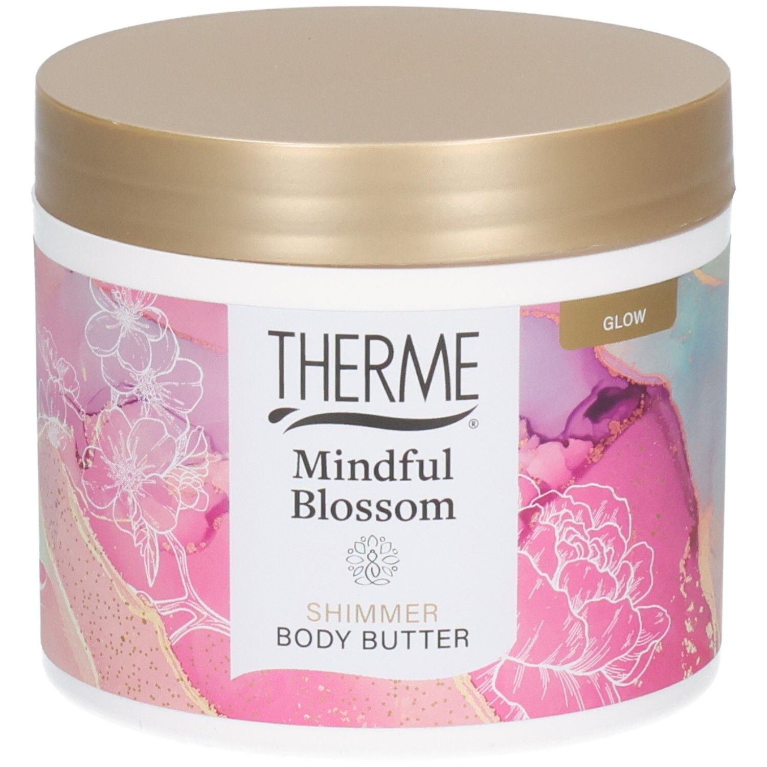 Pot rond avec couvercle doré. Étiquette avec THERME, Mindful Blossom, Shimmer Body Butter et motif floral.