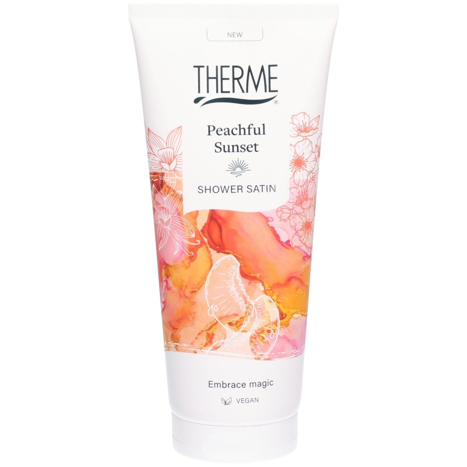Tube blanche avec logo Therme et texte "Peachful Sunset Shower Satin". Motif floral pêche et rose.