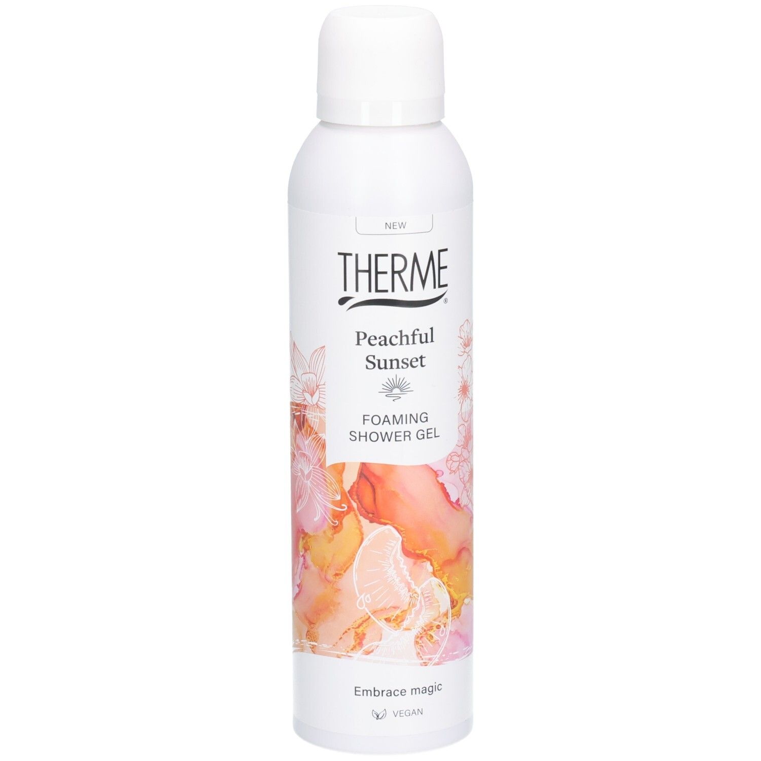 Flacon blanc de gel douche THERME Peachful Sunset. Inscriptions: Foaming Shower Gel, Embrace magic, Vegan.