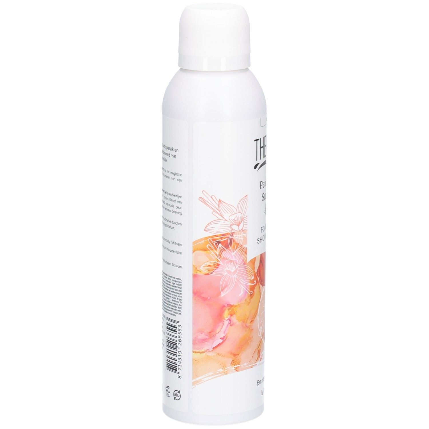 Flacon blanc de gel douche THERME Peachful Sunset. Vue latérale avec texte et motif floral. Code-barres.