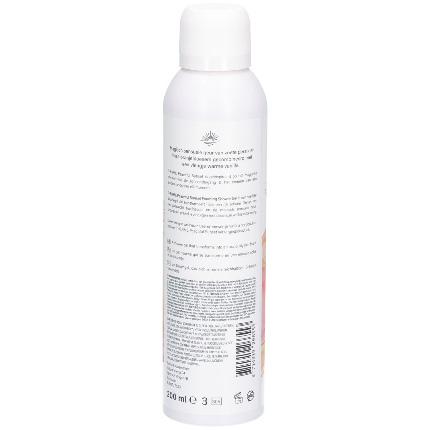 Dos du flacon blanc de gel douche THERME Peachful Sunset. Texte multilingue, 200 ml.