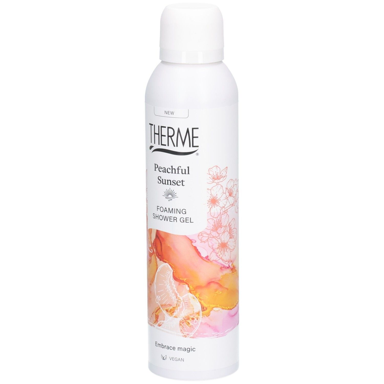 Flacon blanc de gel douche THERME Peachful Sunset. Inscriptions: Foaming Shower Gel, Embrace magic, Vegan.