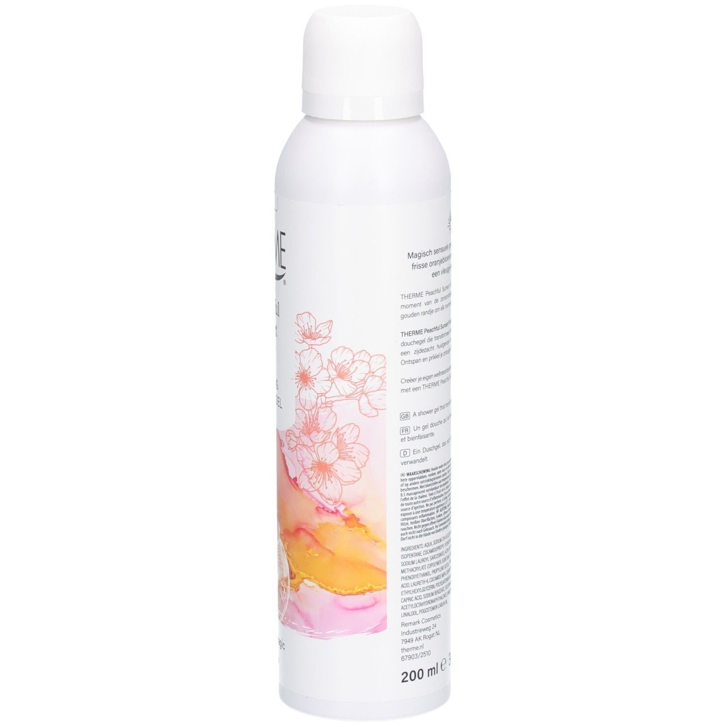 Flacon blanc de gel douche THERME Peachful Sunset. Vue latérale avec texte et motif floral. 200 ml.