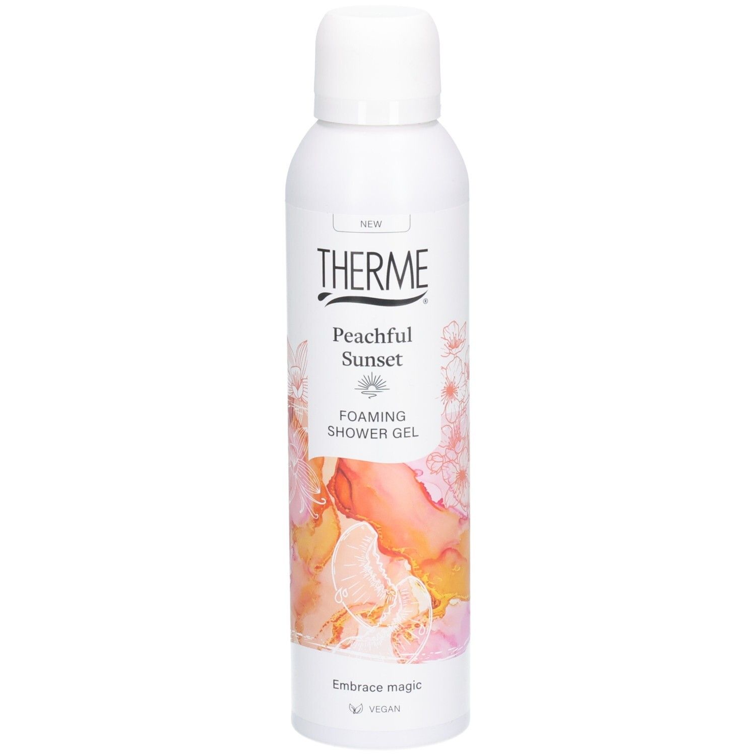 Flacon blanc de gel douche THERME Peachful Sunset. Inscriptions: Foaming Shower Gel, Embrace magic, Vegan.