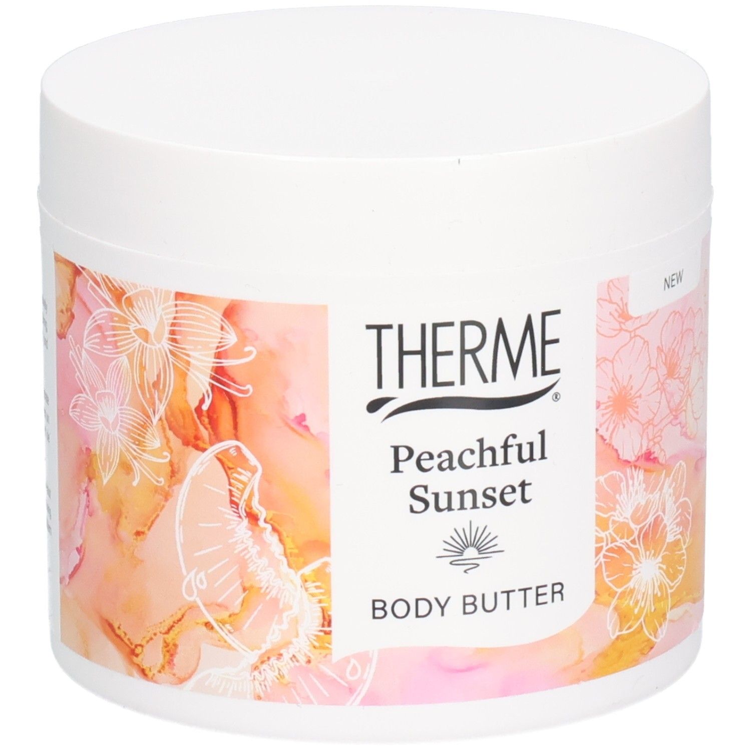 Witte pot Therme Peachful Sunset Body Butter. Etiket met bloemenontwerp en productnaam.