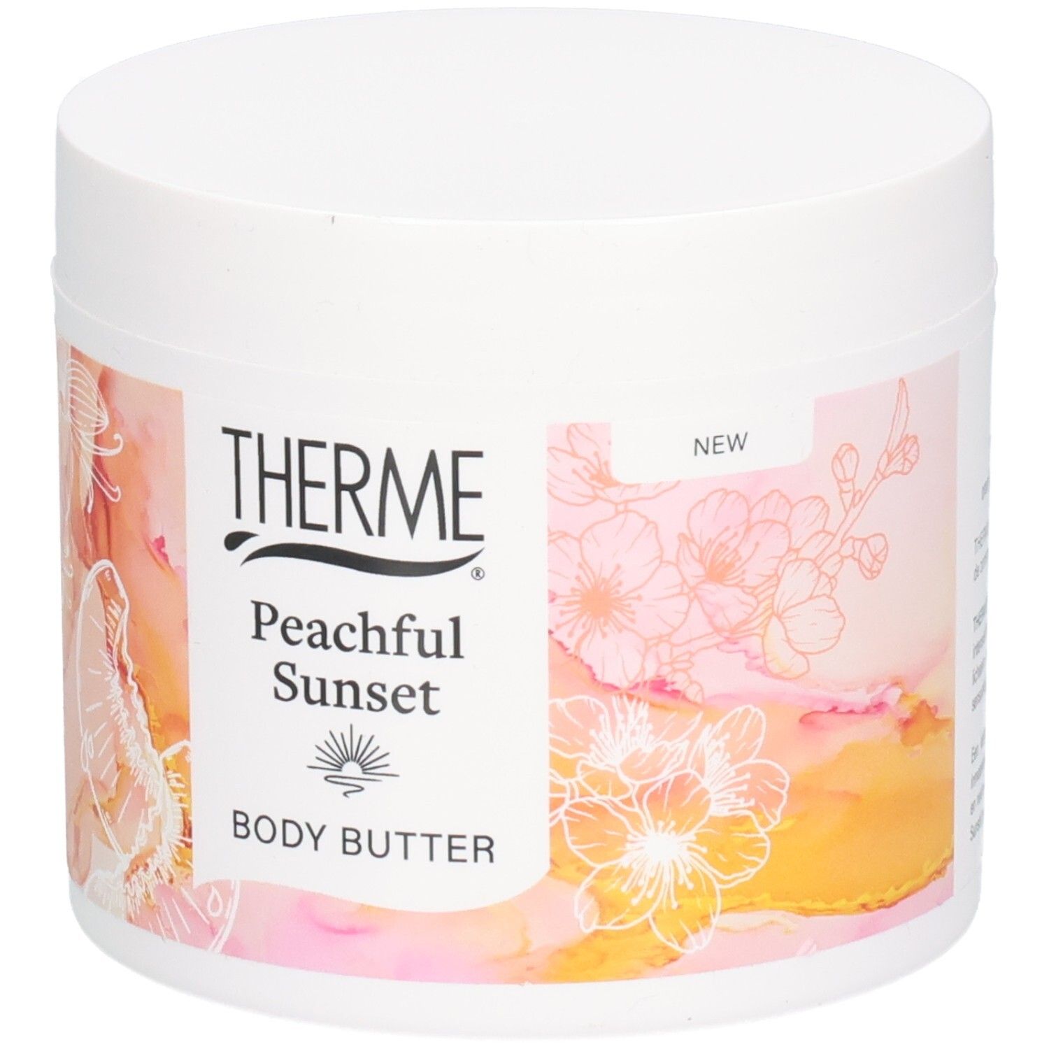 Witte pot Therme Peachful Sunset Body Butter. Etiket met bloemenontwerp en productnaam.