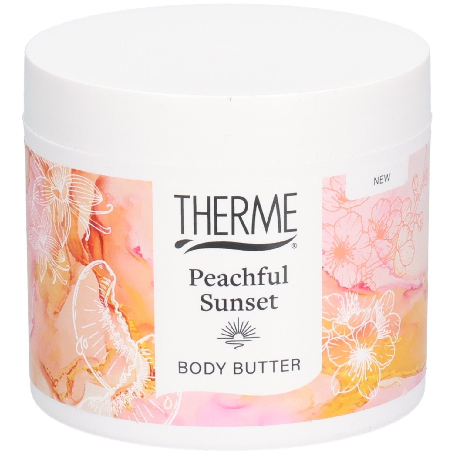 Witte pot Therme Peachful Sunset Body Butter. Etiket met bloemenontwerp en productnaam.