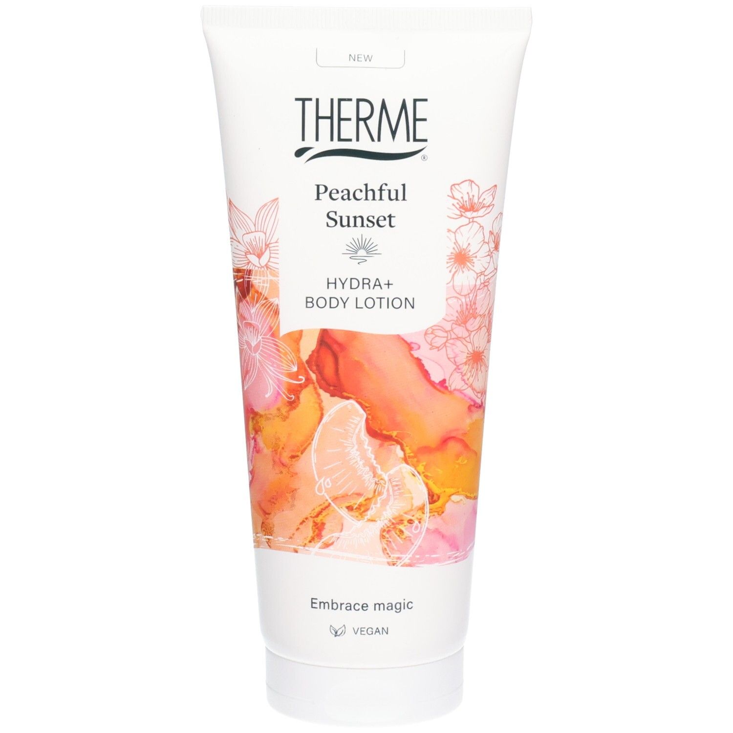 Tube blanche avec logo THERME et texte "Peachful Sunset". Illustration florale et fruitée. "HYDRA+ BODY LOTION".