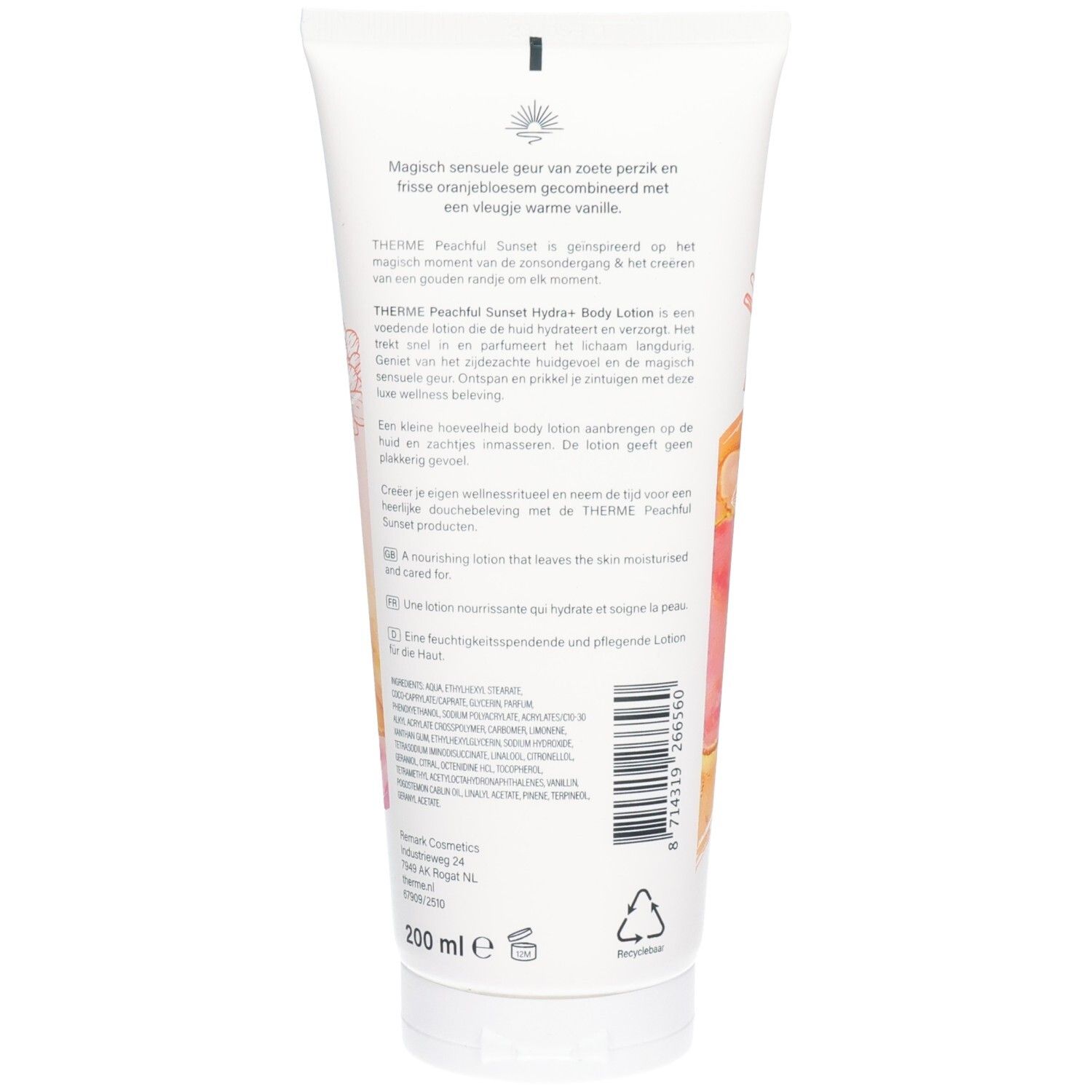 Dos du tube. Texte multilingue. "Peachful Sunset Hydra+ Body Lotion". 200 ml. Symbole de recyclage.