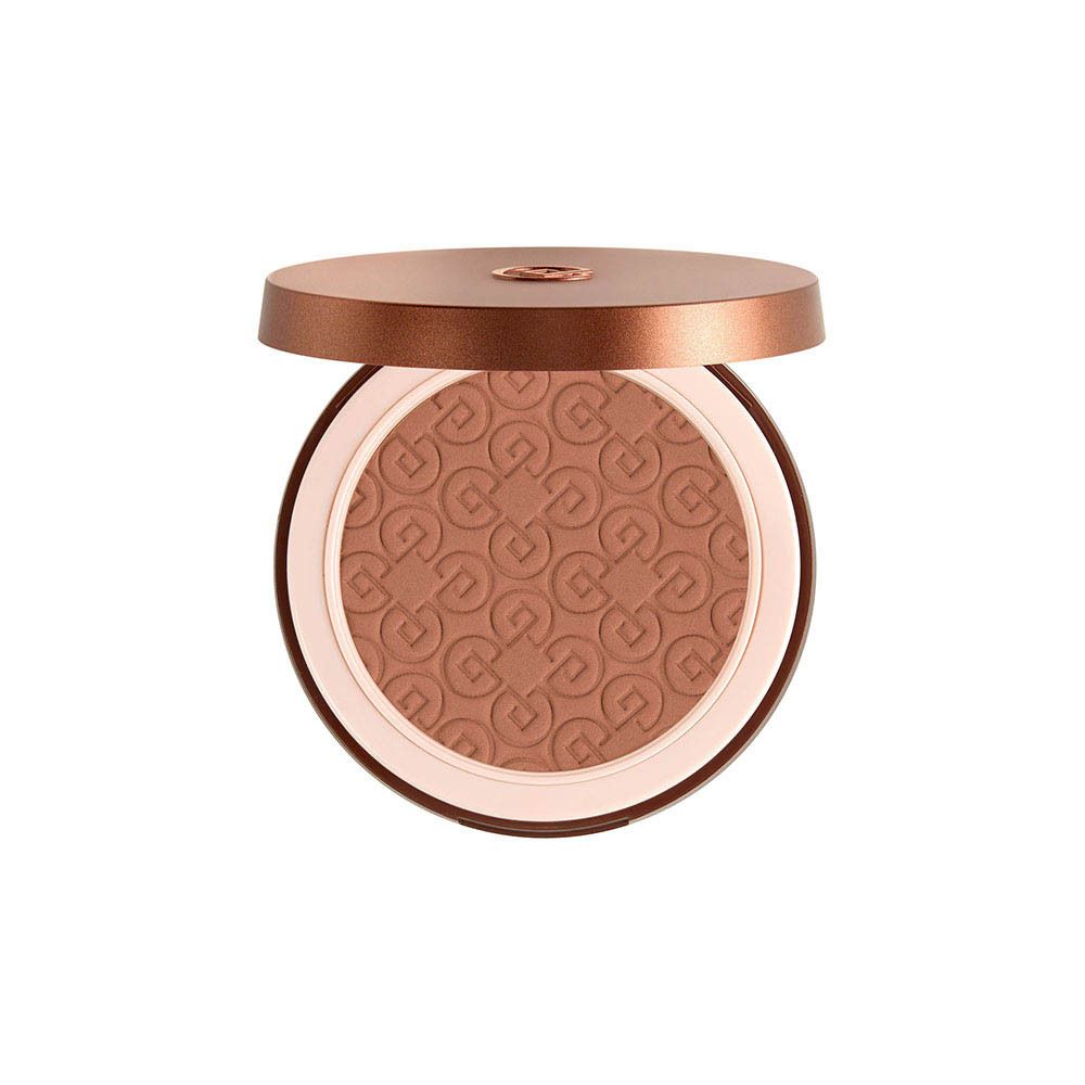 Open bronzerdoosje. Ronde vorm. Bruine kleur. Deksel open. Logo en patroon.