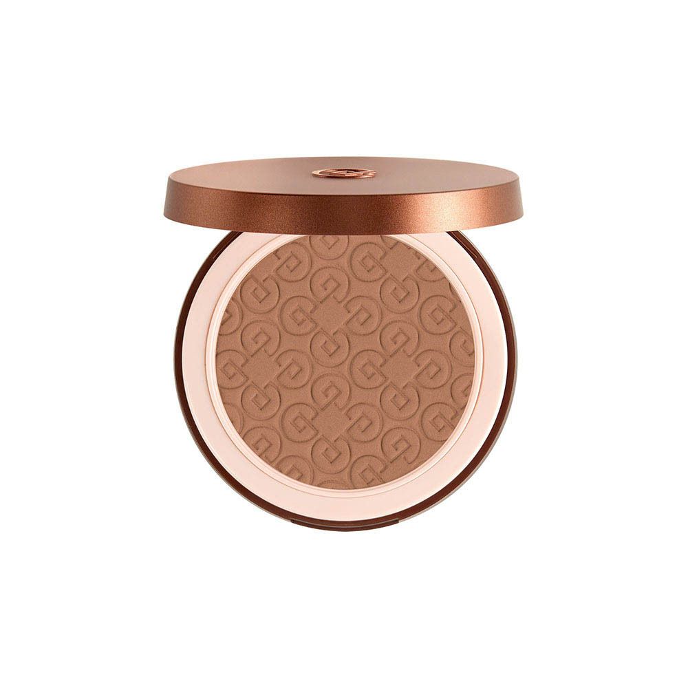 Bronzer rond. Ouvert, marron. Couvercle marron. Bord blanc à l'intérieur. Logo Collistar.