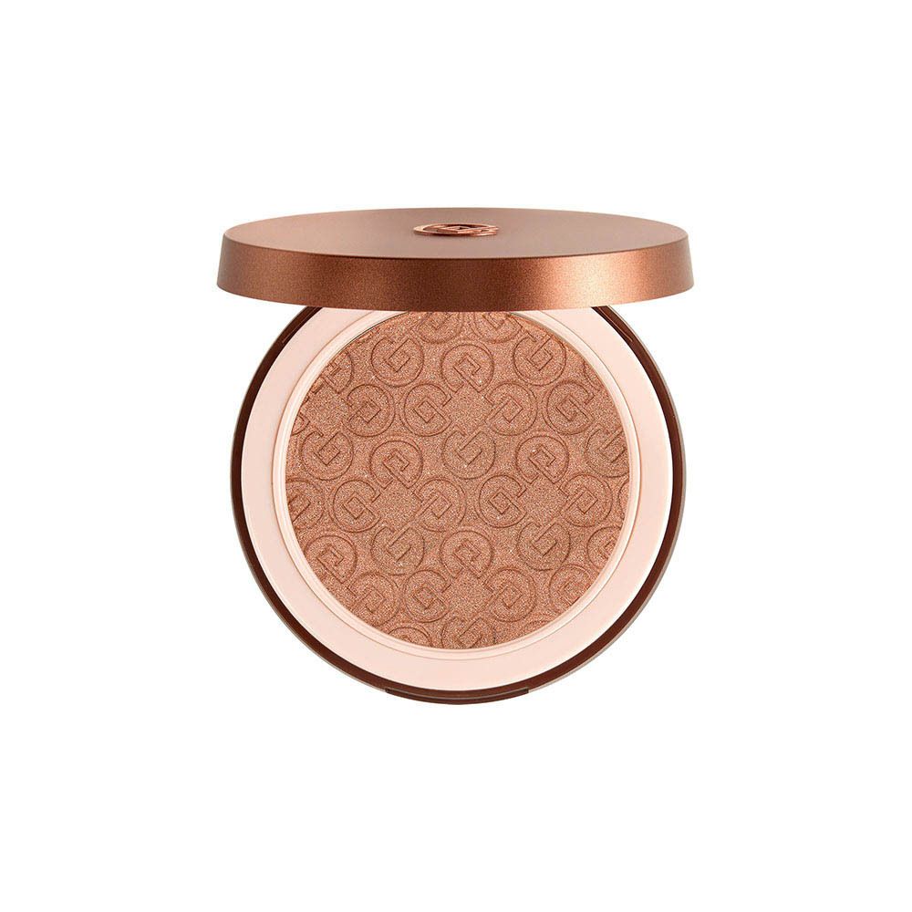 Ronde bronzer. Geopend. Bruine kleur. Deksel met logo. Binnenkant met logo-patroon.