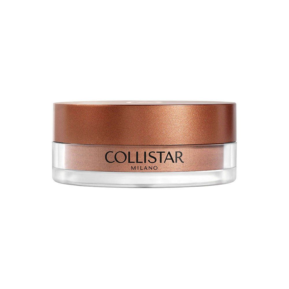 Pot rond avec couvercle bronze et contenant transparent. Logo Collistar visible.