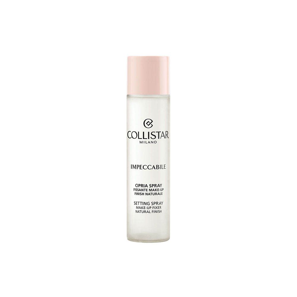 Cilindrische fles met roze dop. Collistar-logo en productnaam. Transparante inhoud.