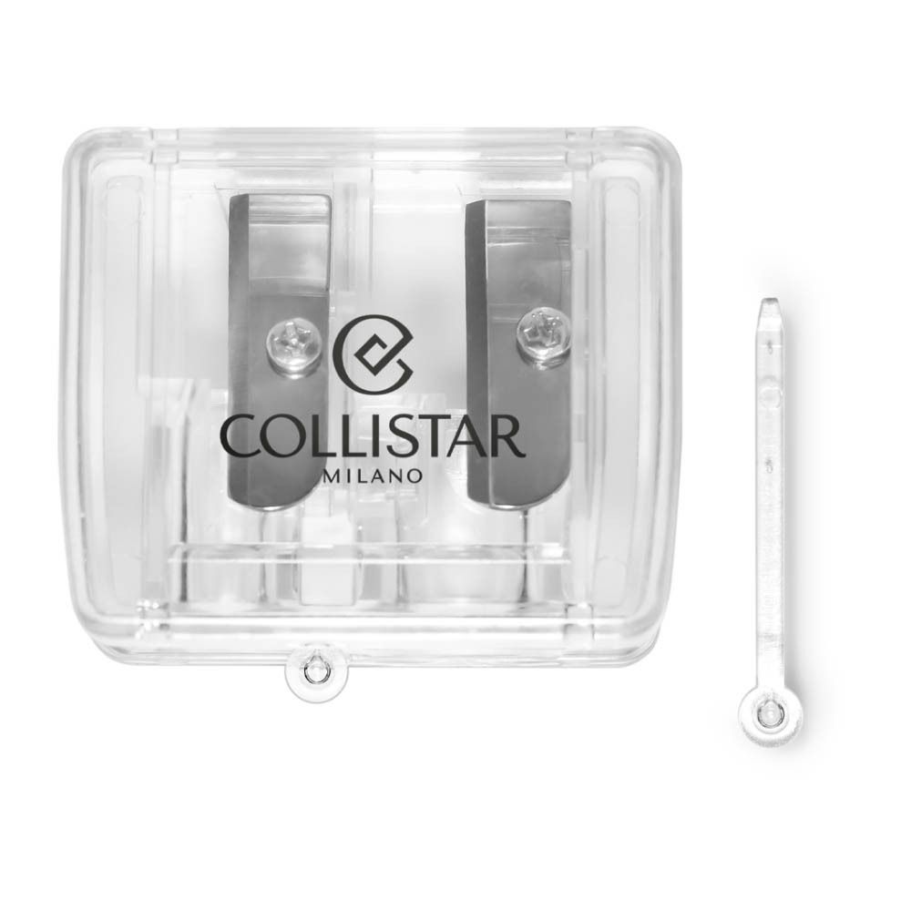 Transparante dubbele puntenslijper. COLLISTAR MILANO logo. Twee openingen. Klapdeksel.