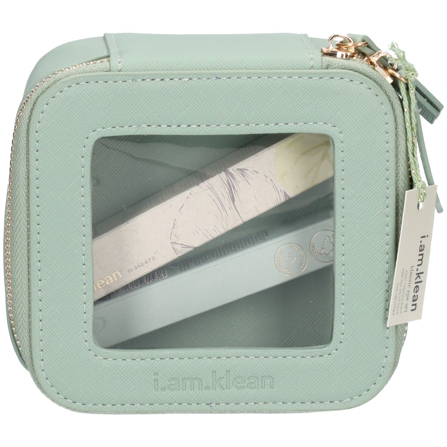 Trousse de maquillage carrée vert clair avec fermeture éclair et fenêtre transparente. Contient deux produits allongés emballés. Étiquette avec logo.
